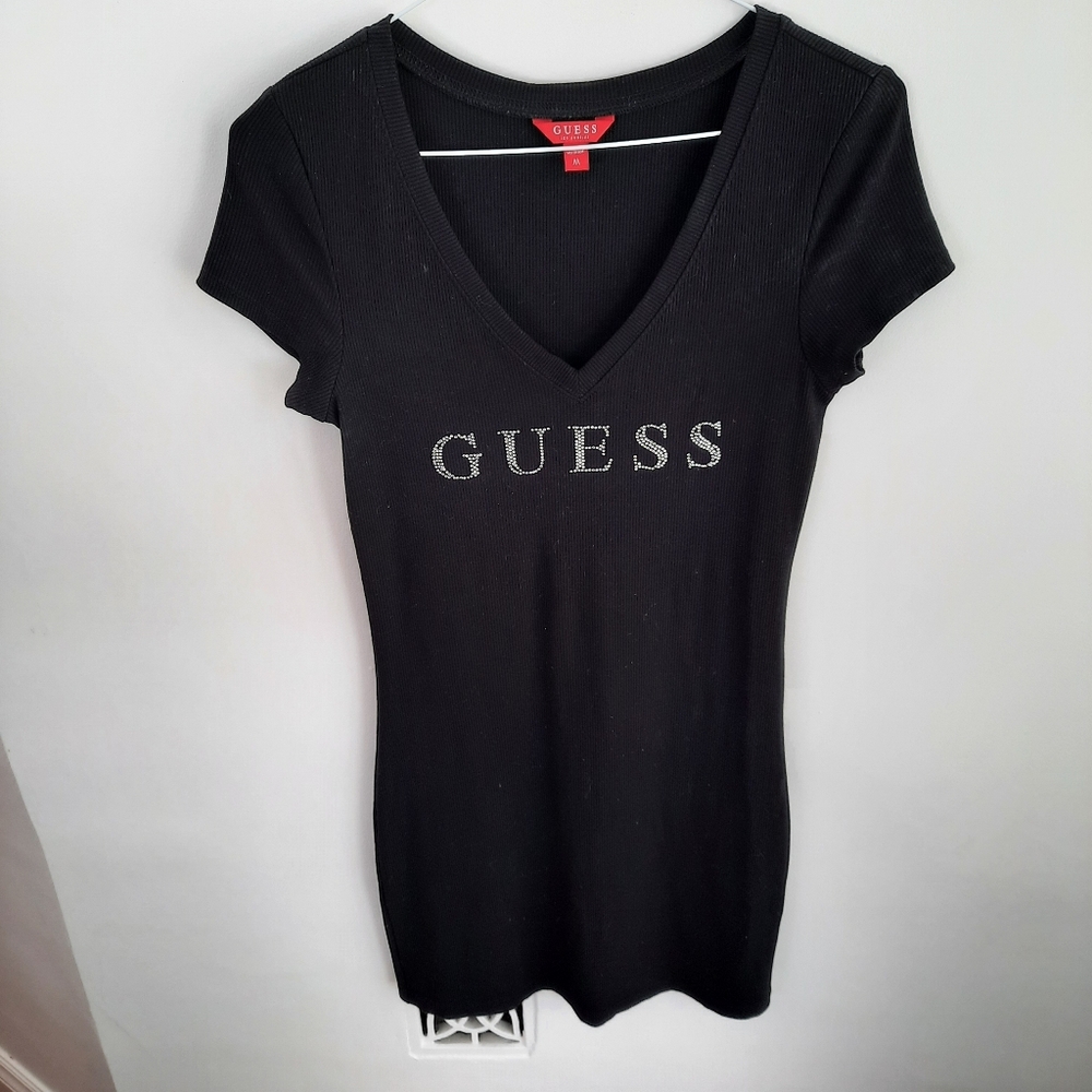 GUESS Black Rhinestone Logo Bodycon Mini Dress Size M Y2K